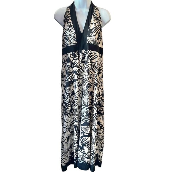 Unlabeled Dresses & Skirts - Women’s M Black & Beige Floral Halter Maxi Dress Tie Neckline Stretch Fabric